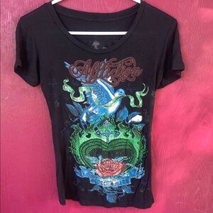 Affliction Women's Black Tee with Colorful Graphic bling